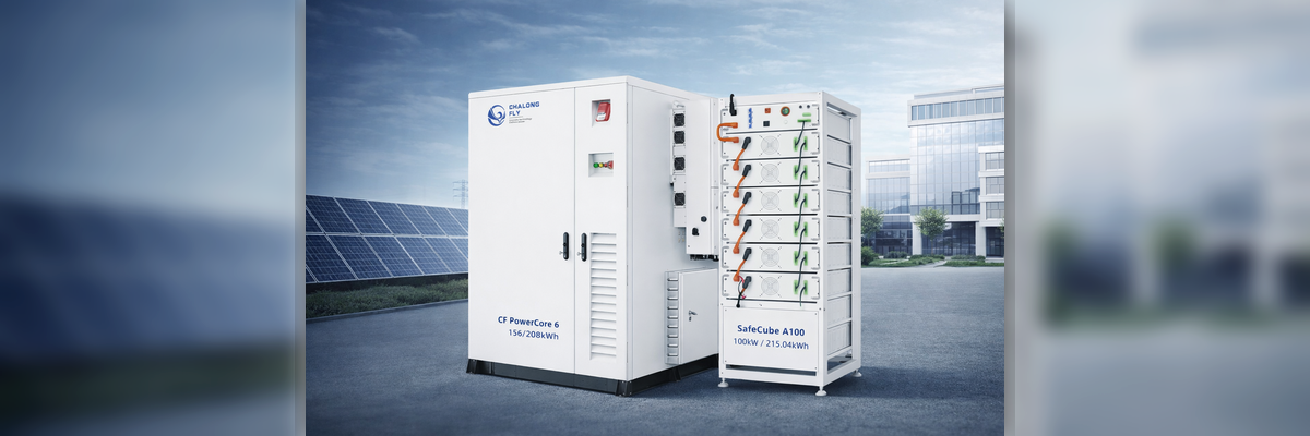 CHALONG FLY Commercial and Industrial energy storage systems cover image featuring CF PowerCore 6 liquid-cooled all-in-one BESS cabinet and SafeCube A100 rack battery system in an industrial park with solar panels